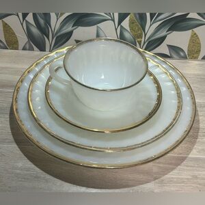Vintage Fire-King Milk Glass with Gold Gilt Swirl Dinnerware Set